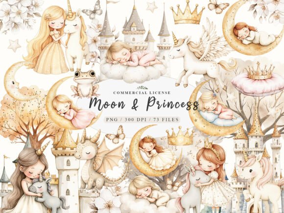Download Watercolor Baby Dreamy Princess Moon Png - Moon Collection