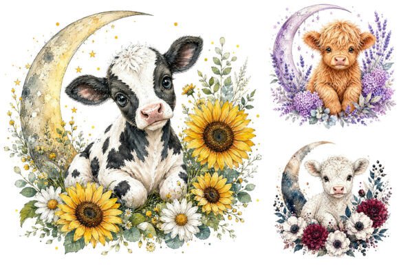 Download Cute Baby Cow Floral Crescent Moon PNG - Moon Collection