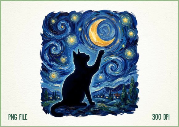 Download Starry Night Cat Painting Moon PNG - Moon Collection
