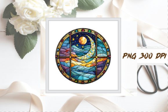 Download Watercolor Stained Glass Moon Clipart - Moon Collection