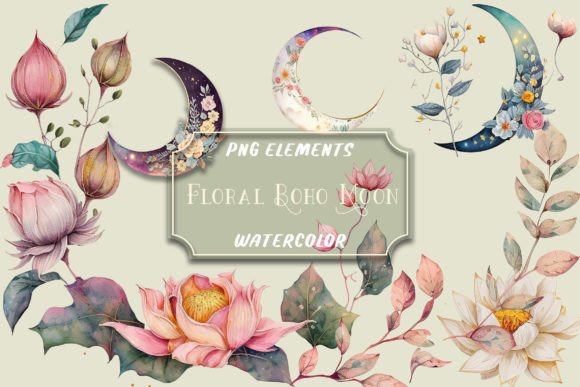Download Watercolor Floral Boho Moon Clip Art Png - Moon Collection