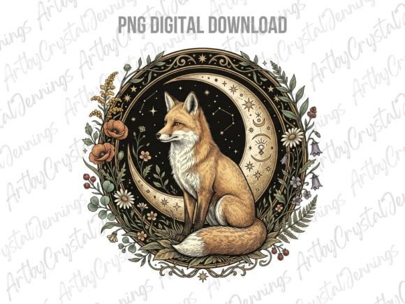 Download Vintage Floral Celestial Fox Moon PNG - Moon Collection