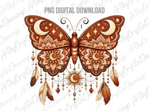Download Boho Moon Butterfly with Feathers PNG - Moon Collection