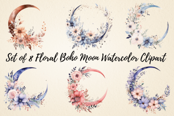 Download Floral Boho Moon Watercolor Clipart - Moon Collection