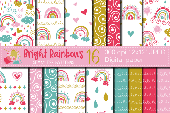 Download Bright Rainbows Digital Paper / Patterns - Rainbows digital paper Collection